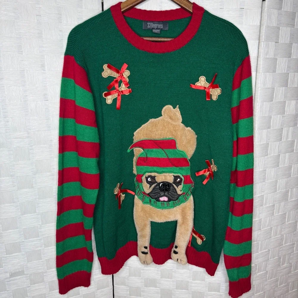 3D Pug Ugly Christmas Sweater Green Red Striped Plush Large
